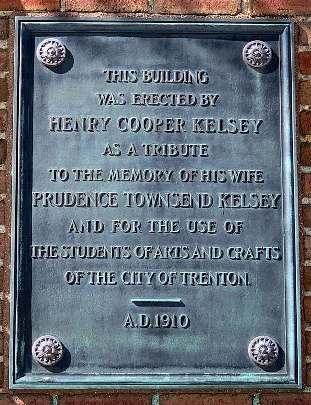 Memorial plaque on the Kelsey Building in Trenton, New Jersey. The building was erected by Henry Cooper Kelsey as a tribute to the memory of his wife Prudence Townsend Kelsey.
