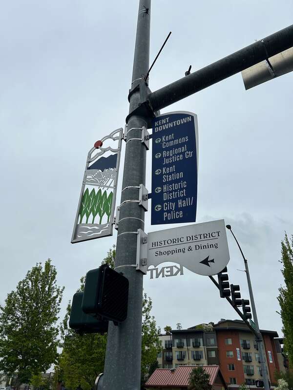 Sign showing Kent Downtown and the Historic District in Kent, Washington.