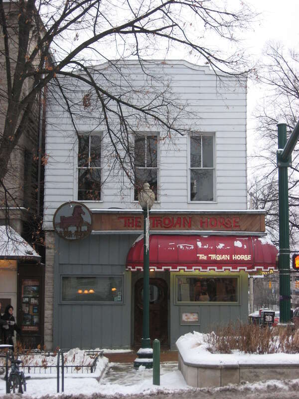 Front of the building located at 100 E. Kirkwood Avenue in downtown Bloomington, Indiana, United States.  Built in 1890, it is part of the Courthouse Square Historic District, a historic district that is listed on the National Register of Historic