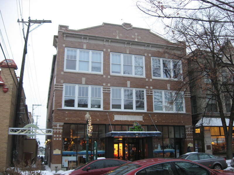 Front of the Odd Fellows Building, located at 108 E. Kirkwood Avenue in downtown Bloomington, Indiana, United States.  Built in 1907 and now the FARM Restaurant, it is part of the Courthouse Square Historic District, a historic district that is