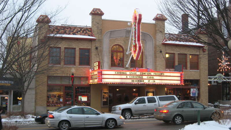 Front of the Indiana Theater, located at 112 E. Kirkwood Avenue in downtown Bloomington, Indiana, United States.  Built in 1922 and now the Buskirk-Chumley Theater, it is part of the Courthouse Square Historic District, a historic district that is