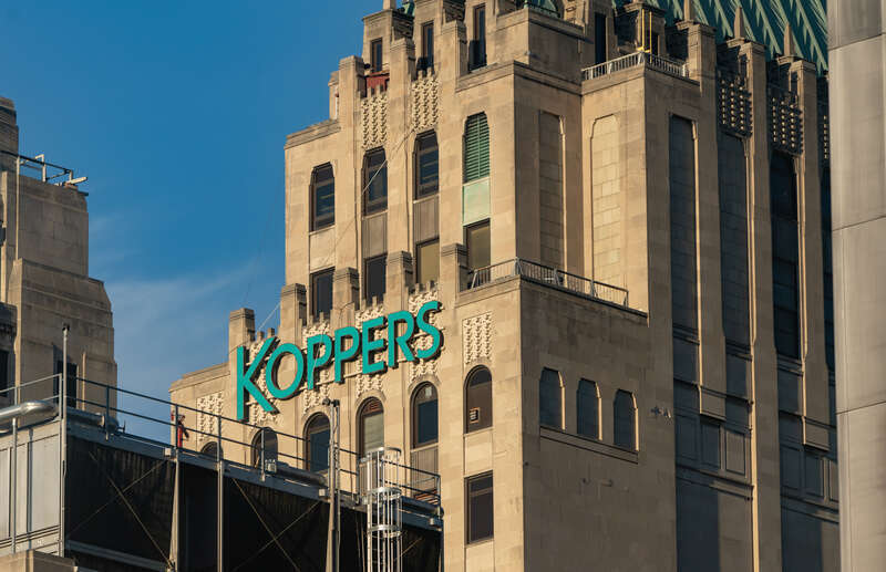 The Koppers Tower building in downtown Pittsburgh, Pennsylvania, the company's corporate headquarters. Koppers is a chemical and materials company producing carbon materials, chemicals, railroad products, and industrial products, such as distillation