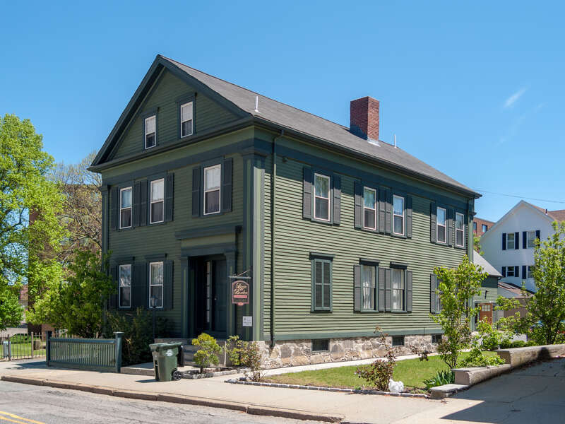 Lizzie Borden House, 2nd Street, Fall River, Massachusetts in 2017. Trash container in front of house.