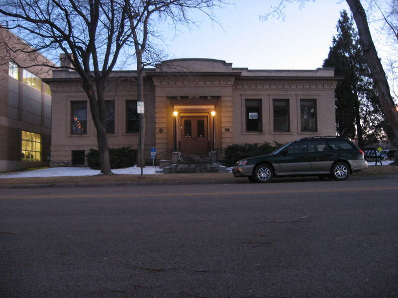Front of the Longmont Carnegie Library, located at 457 Fourth Avenue in Longmont, Colorado, United States.  Built in 1913, the library was listed on the National Register of Historic Places in 1992.