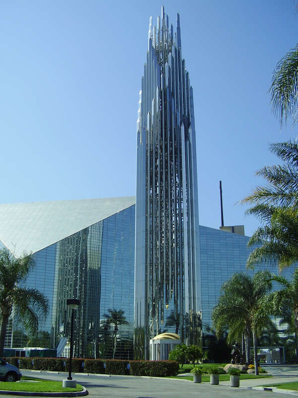 Exterior of Christ Cathedral, at the time known as Crystal Cathedral, a Protestant megachurch, and since 2019 the seat of the Catholic Diocese of Orange in Garden Grove, California.