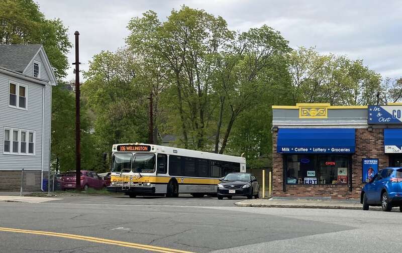 MBTA route 106 bus at Lebanon Street Loop in May 2021