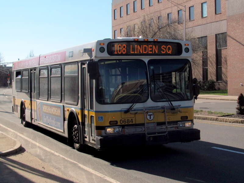 MBTA route 108 bus on Centre Street, Malden in April 2017