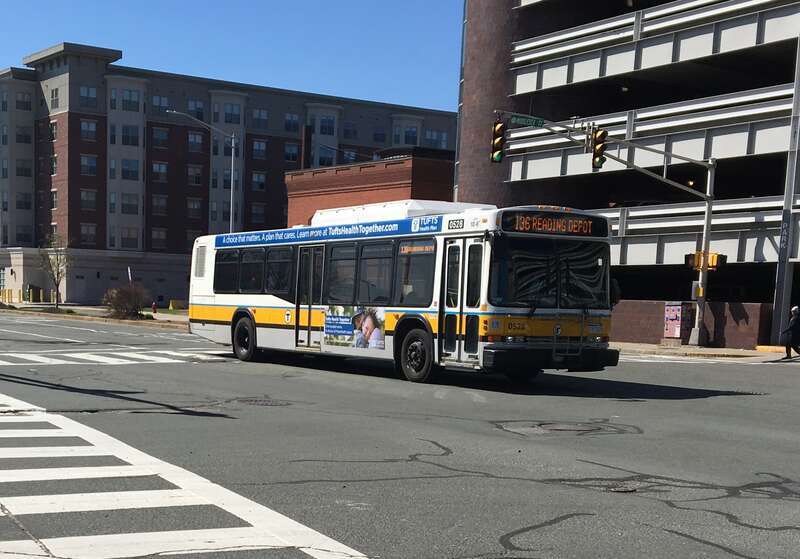 MBTA route 136 bus on Centre Street in April 2018