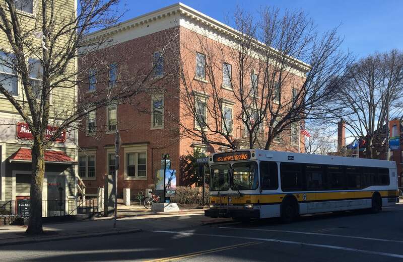 MBTA route 451 bus at Beverly City Hall in March 2019