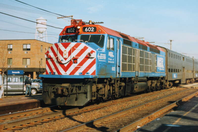 Bensenville, IL, Midwestern U.S. railroad, 1990; digital copy of print. Complete indexed photo collection at WorldHistoryPics.com.