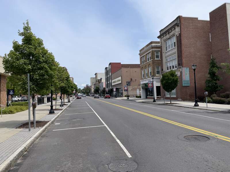 Northbound Main Street past the intersection with South Street in Wilkes-Barre, Pennsylvania