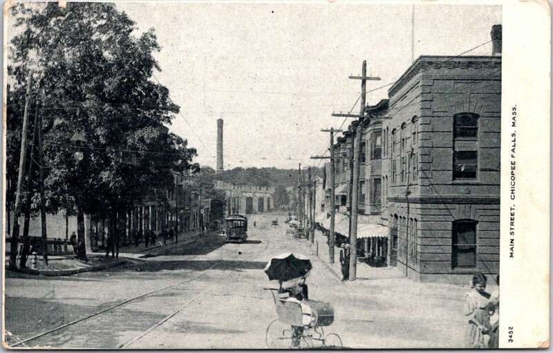 Undivided back postcard of Main Street in Chicopee Falls, Massachusetts
