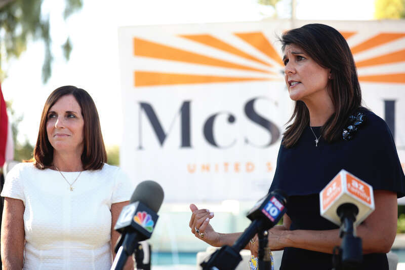 U.S. Senator Martha McSally and former United Nations Ambassador Nikki Haley speaking with the media after a campaign event at a home in Scottsdale, Arizona.

Please attribute to Gage Skidmore if used elsewhere.