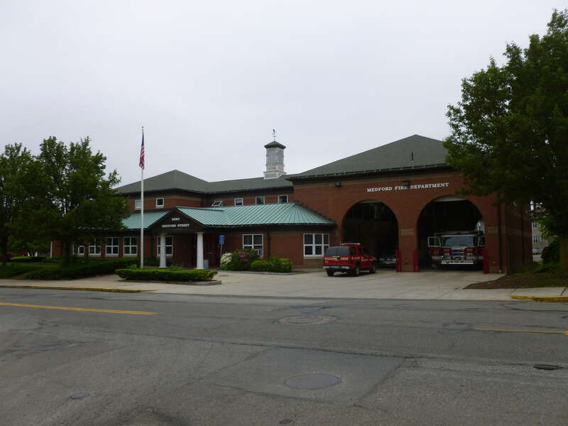 Medford Fire Department firehouse, located at 0 Medford Street, Medford, Massachusetts.  West (front) side of building shown.