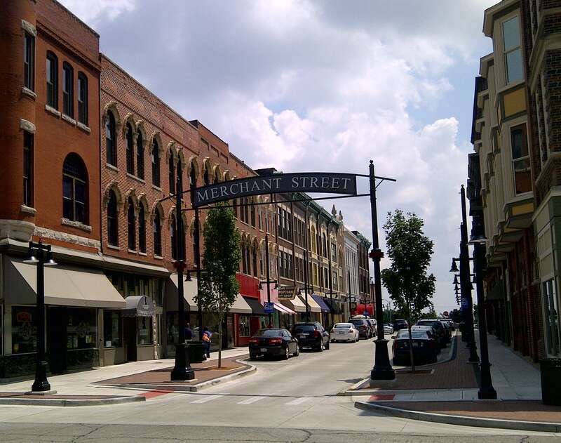 A view of Merchant St. (looking south) in downtown Decatur, Illinois. Photo taken 5 July 2013.