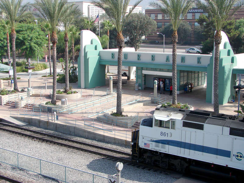 Burbank's Metrolink train station, on the site of the former Southern Pacific station.    Directly under the Olive Avenue bridge, In all its neo-deco glory.
