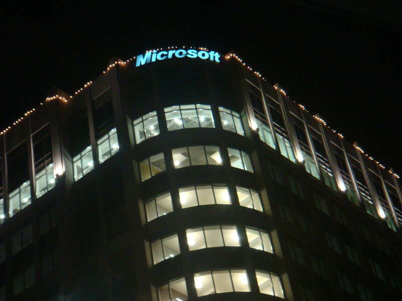 Microsoft sign at night at The Bravern Building 1