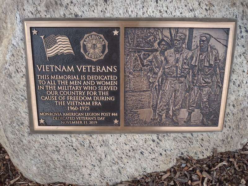 Monrovian Vietnam Veterans Memorial, featuring an engraving of a black platoon, dedicated November 11, 2019.