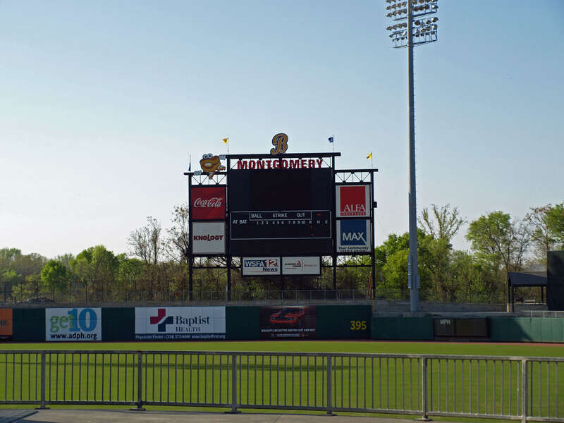 The scoreboard at Montgomery Riverwalk Stadium in Montgomery, Alabama
