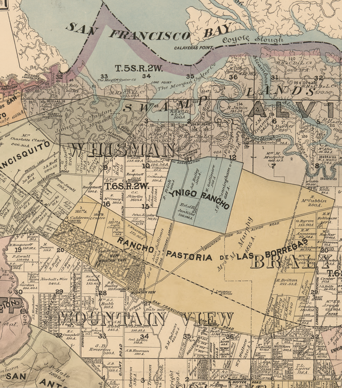 Part of an 1890 map of Santa Clara County showing Whisman, Mountain View, parts of Alviso, Braly as well as what was Rancho Pastoria de Las Borregas and Ynigo Rancho