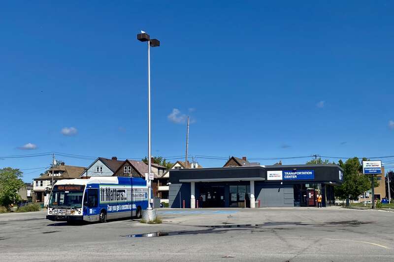 As seen on a sunny September 2021 morning, an NFTA Metro Bus #40 idles in front of the route's northern terminus: the Portage Road Transportation Center in Niagara Falls, New York. Built in 1991 as a secondary satellite terminal, it became Niagara