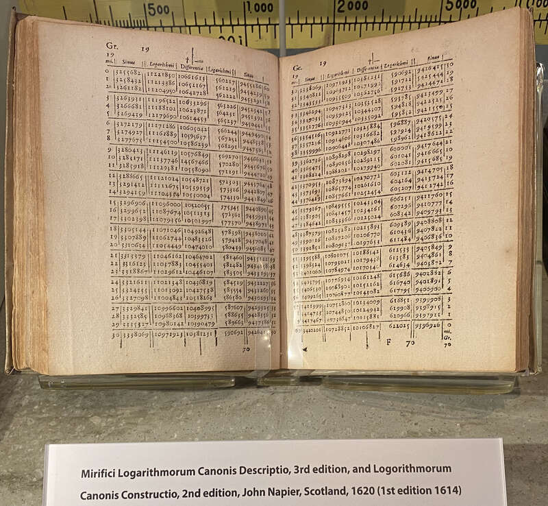 Page from Napier trigonometric table on display at the Computer History Museum. From CHM's display label: &quot;Mirifici Logarithmorum Canonis Descriptio, 3rd edition, and Logorithmorum Canonis Constructio, 2nd edition, John Napier, Scotland, 1620 (1st