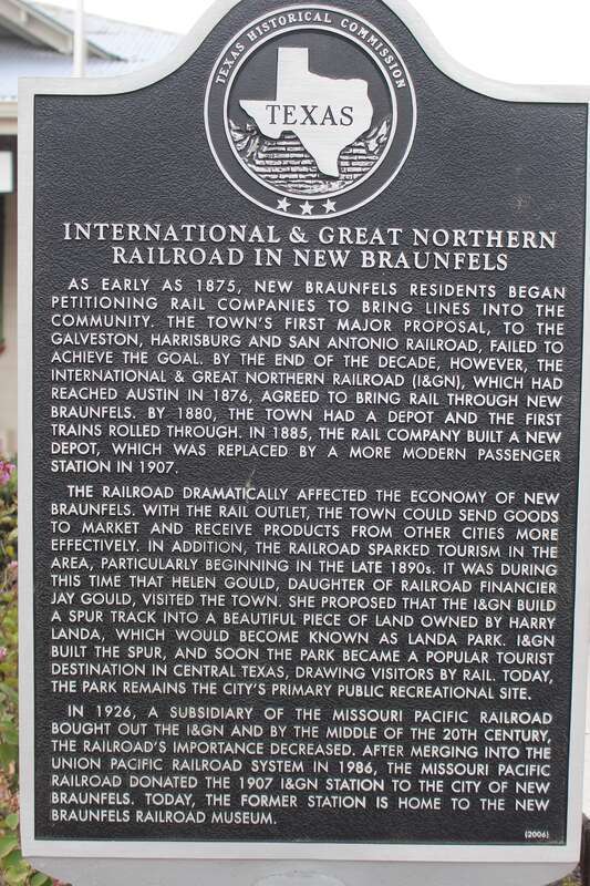 International &amp;amp; Great Northern Railroad in New Braunfels. As early as 1875, New Braunfels residents began petitioning rail companies to bring lines into the community. The town's first major proposal, to the Galveston, Harrisburg and San Antonio