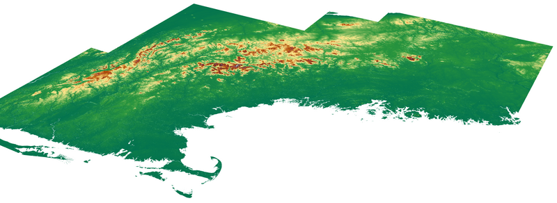 New England, US, rendered with USGS elevation data at 1 Arc Second (approx. 30m per point). Using custom software written with C++. Data is from the USGS Seamless Server.