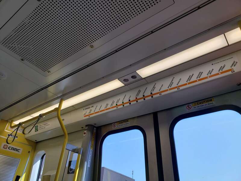 The first new set of MBTA Orange Line cars produced by CRRC (Orange Line #14 vehicles) on the second day of revenue service.