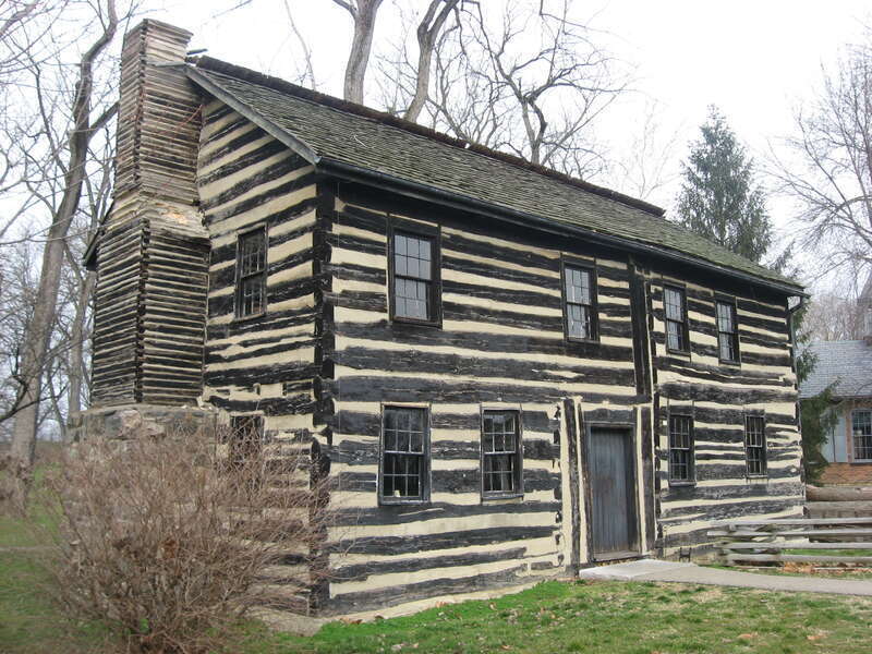 Front of the Newcom Tavern, located at Carillon Historical Park in Dayton, Ohio, United States.  Built in 1796 in what is now downtown Dayton, it is the oldest extant building in Montgomery County; it originally served as the county courthouse and