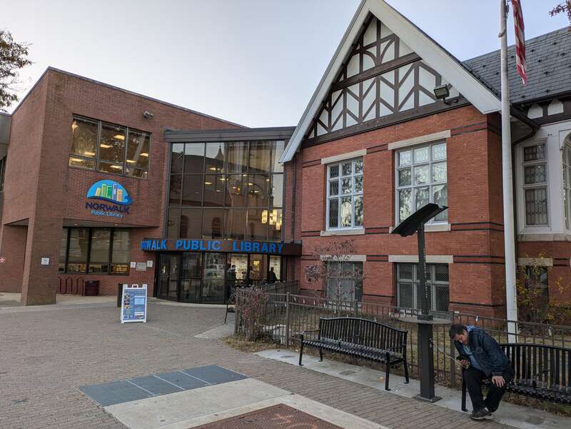 Norwalk Public Library, Norwalk, CT taken from the corner of Belden and Mott Avenues.