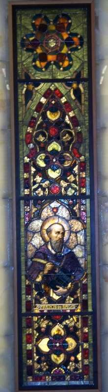 Stained glass panes in the crypt of the cathedral of Christ the Light, Oakland, CA. Francis de Sales is depicted.