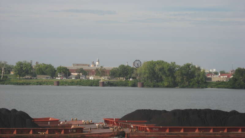 Comprehensive view of the Ohio Falls Car and Locomotive Company Historic District in Jeffersonville, Indiana, United States.  The complex has been ruled eligible for the National Register of Historic Places.  Photo is taken from a pedestrian walkway