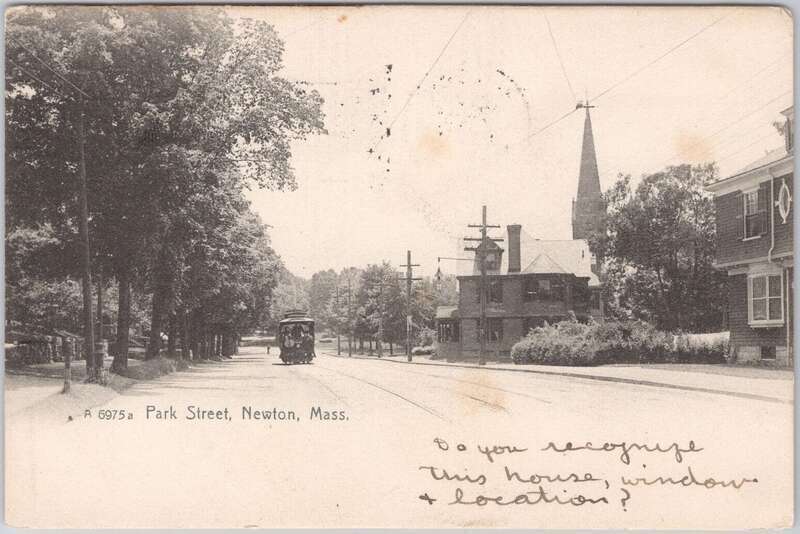 Divided back postcard of Park Street in Newton, Massachusetts, with a Boston Elevated Railway streetcar at center