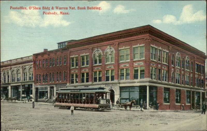 Divided back postcard of the post office, O'Shea Building, and Warren National Bank Building in Peabody Square, with a streetcar bound for Salem or Lynn.
