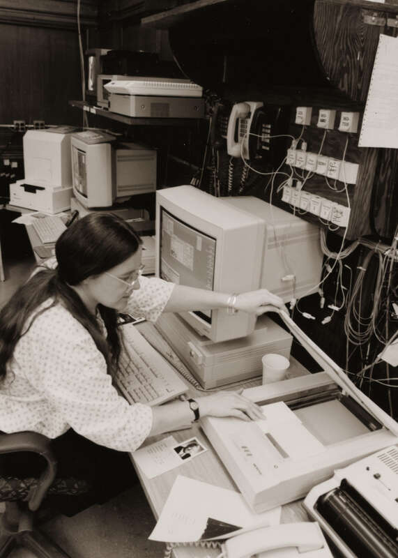 Photo desk at The Detroit News, about 1993.  When digital photos were a novelty and PhotoShop 2.0 was edgy. Oh, yes, and in those days, Detroit newspapers published a print edition every day.