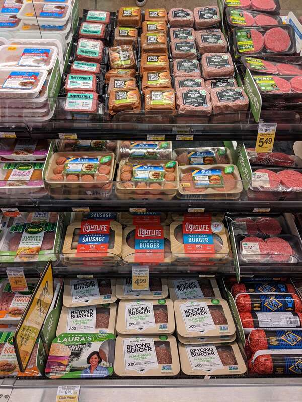A variety of plant-based meats on sale in the meat section of a Safeway store in Campbell, California.
