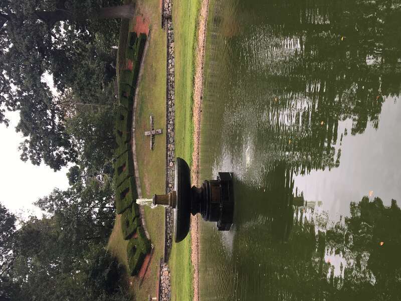 The pond and fountain at Brookdale Cemetery in Dedham, Massachusetts