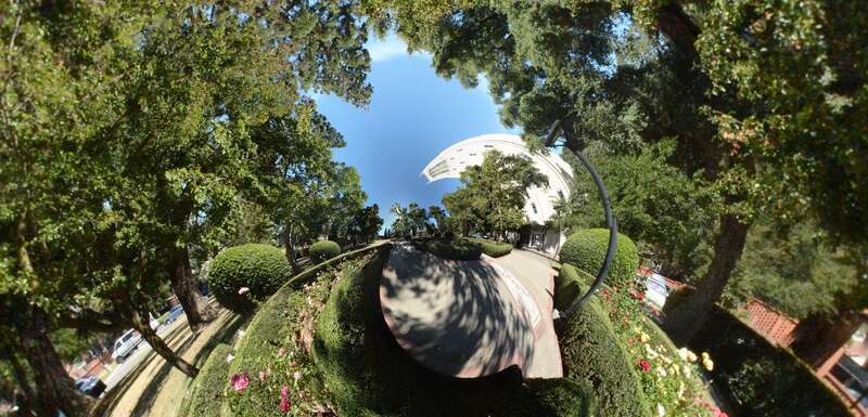 University of the Pacific, Knoles Lawn, Burns Tower.  360 degree panorama shot with a spherical projection.