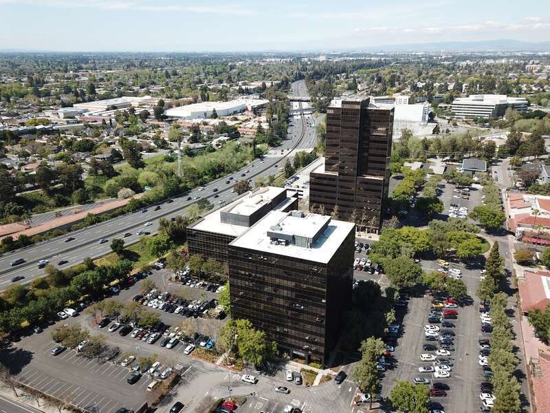 The three towers of the Pruneyard complex in Campbell, California, with CA-17 visible to the left. The view is looking generally north.