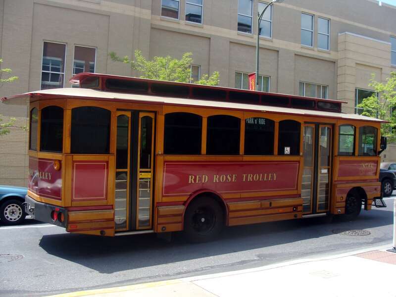 An Optima trolley owned by Red Rose Transit Authority in downtown Lancaster, Pennsylvania.