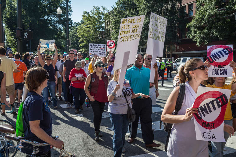 Several hundred people participated in the &quot;Richmond Stands United for Racial Justice&quot; rally and march on September 16, 2017 in Richmond, Virginia, to counter planned pro-Confederate statue demonstrations.