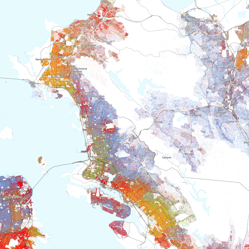 Map of the distribution of races and ethnicities in US cities, inspired by similar maps created by Dustin Cable and others.
Blue is White, Green is Black, Red is Asian, Orange is Hispanic, Purple is Multiracial, and Brown is Native American/Other.