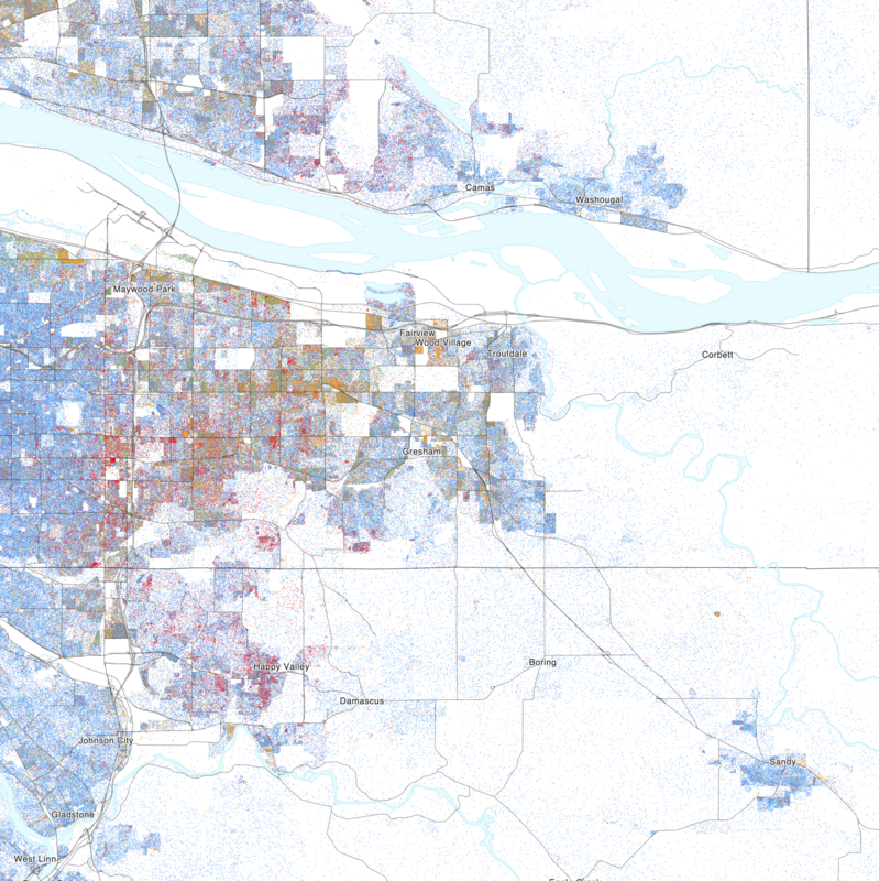 Map of the distribution of races and ethnicities in US cities, inspired by similar maps created by Dustin Cable and others.
Blue is White, Green is Black, Red is Asian, Orange is Hispanic, Purple is Multiracial, and Brown is Native American/Other.