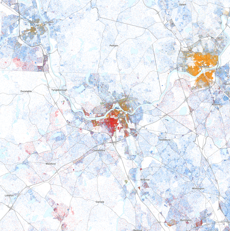 Map of the distribution of races and ethnicities in US cities, inspired by similar maps created by Dustin Cable and others.
Blue is White, Green is Black, Red is Asian, Orange is Hispanic, Purple is Multiracial, and Brown is Native American/Other.