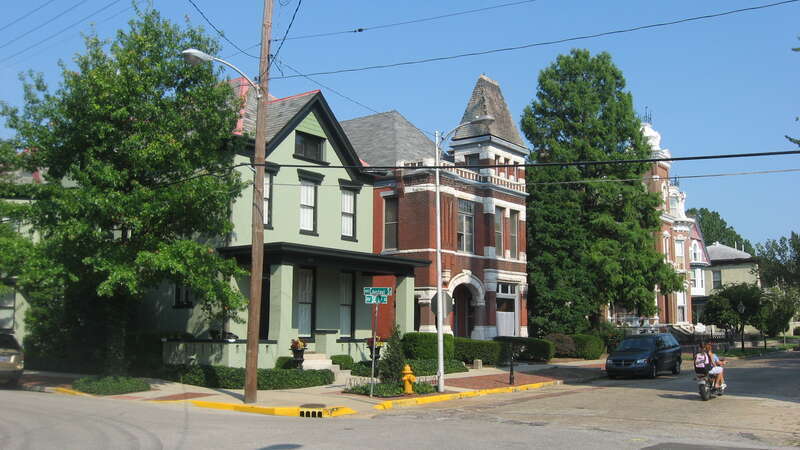 Houses on the eastern corner of the junction of Chestnut and First Streets in Evansville, Indiana, United States.  This block is part of the Riverside Historic District, a historic district that is listed on the National Register of Historic Places.