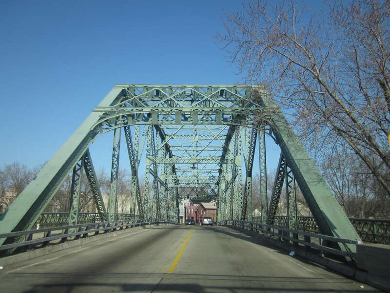 Roadway view of the Straight Street Bridge, in Paterson, New Jersey, from its southeast end