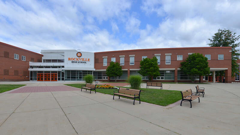 The main entrance of the Rockville High School building, part of the Montgomery County Public Schools system. 2100 Baltimore Road, Rockville, Maryland 20851.