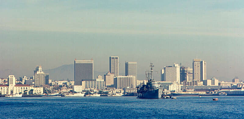 The San Diego skyline from San Diego Bay. It was a smoggy day in San Diego.