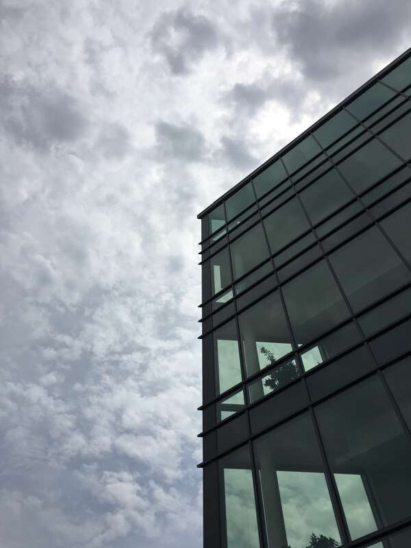 The pointed corner of the Schreiber Foods building on Washington and Main St. in downtown Green Bay, WI.